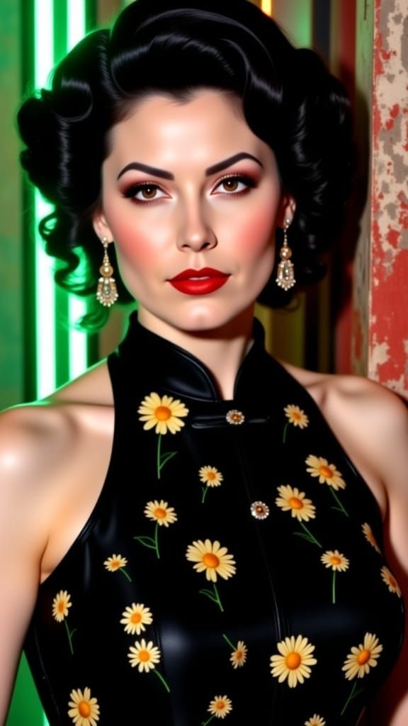 Gothic Beauty Portrait with Daisy Cheongsam and Neon Light