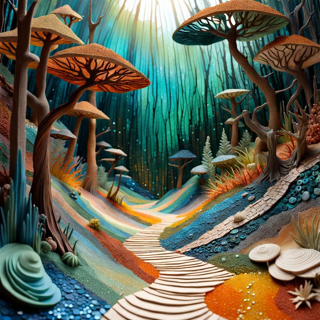 Magical Forest Scene in Mixed Media Art Style