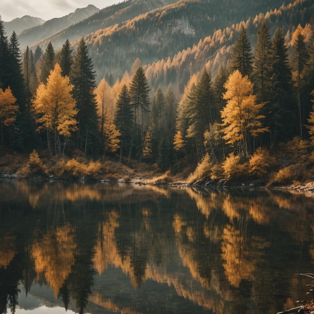 Autumn Lake Reflection in Misty Mountain Landscape