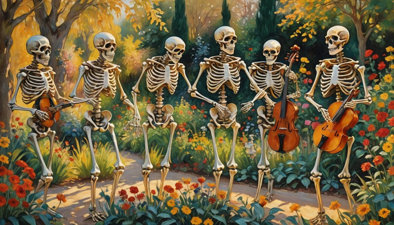 Skeletons Dancing in Impressionist Garden Scene