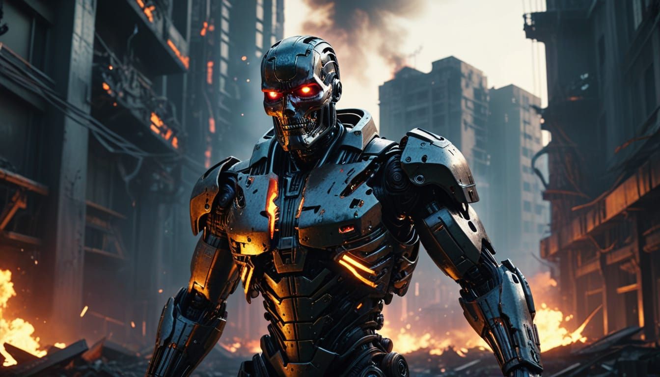 Cyberpunk Terminator Battle in Destroyed City
