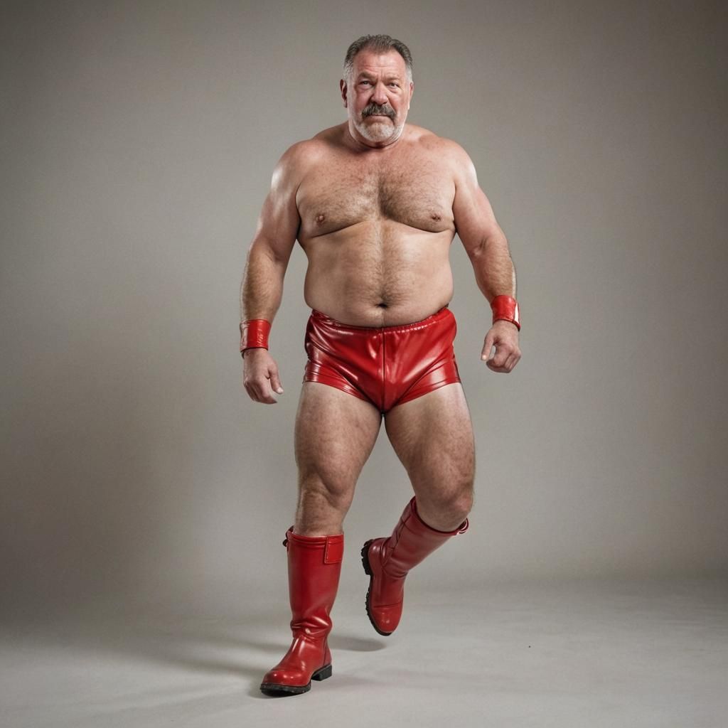 Rugged Beefcake Wrestler in Bright Red Trunks and Boots