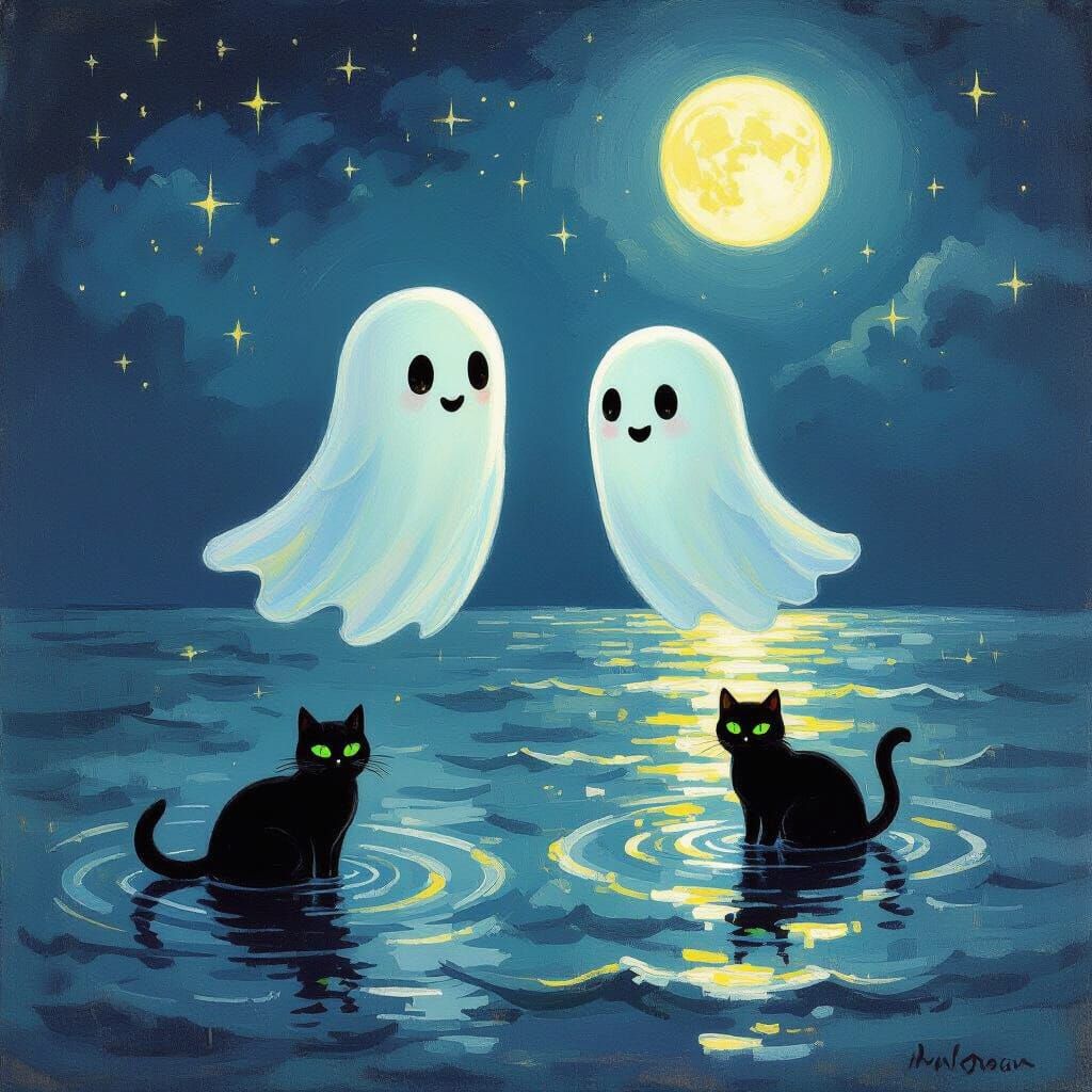 Two Friendly Ghosts and Black Cats under Starry Night Sky