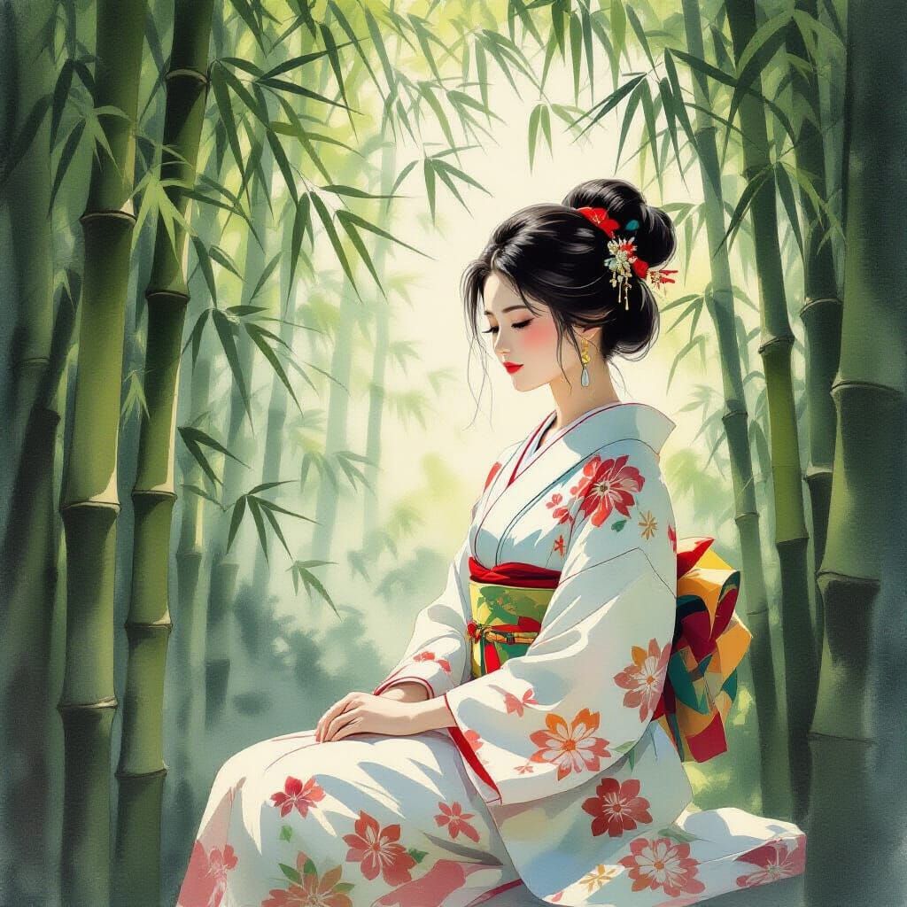 Woman Contemplating in Bamboo Grove, Yamato-e Style