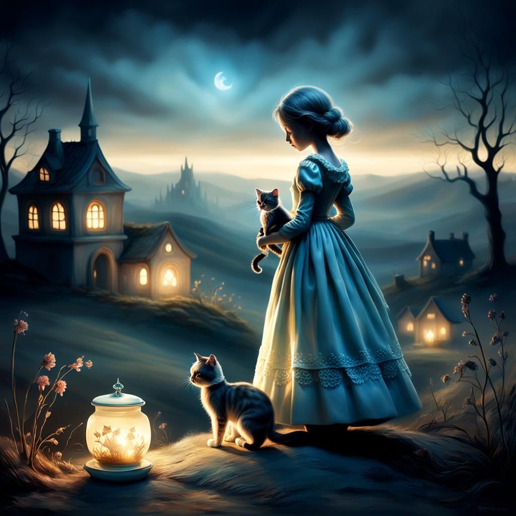 Demonic Porcelain Doll and Wax Cat in Ethereal Landscape