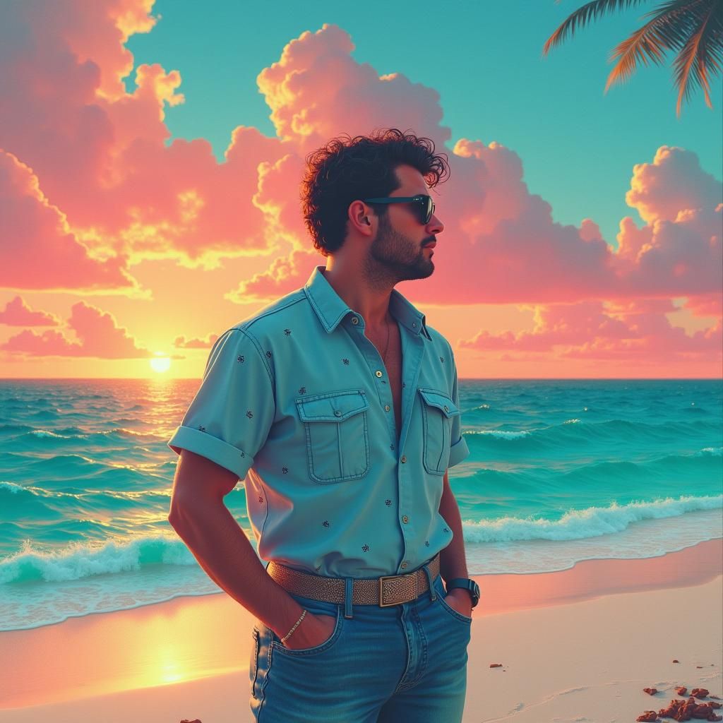 Man in 80s Outfit at Miami Shoreline Sunset