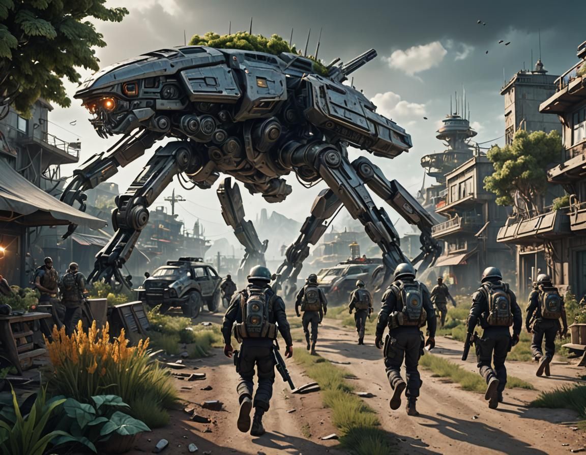 Imposing sense of dread. Heavily armed alien warship approaching post apocalyptic tech village. Villagers running and br...