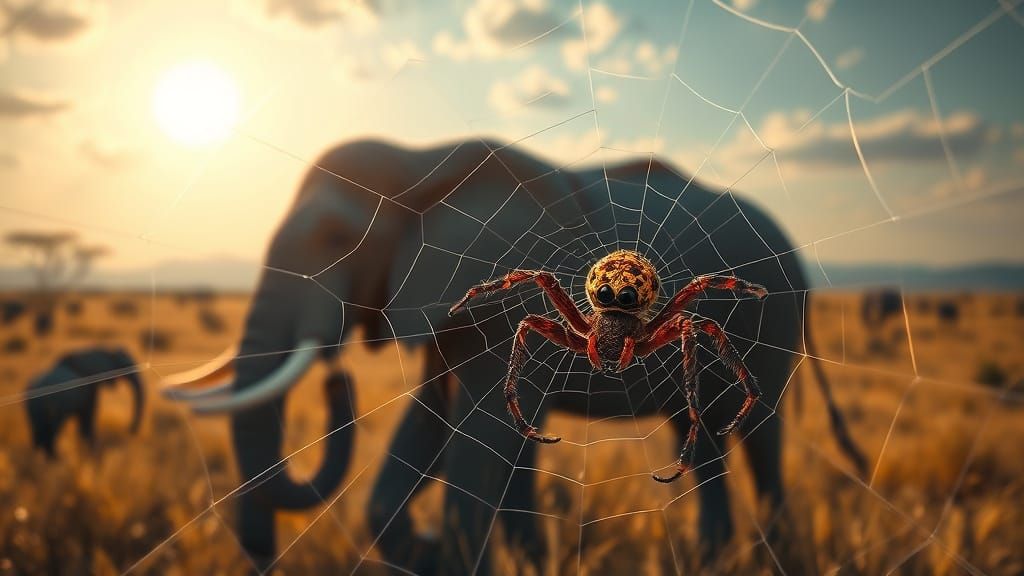 Spider's Web Traps Elephant in Savannah Scene