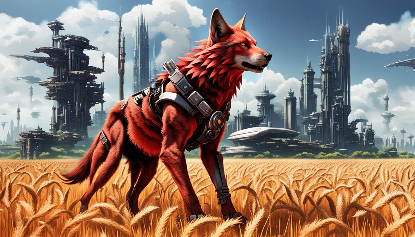 Cybernetic Red Wolf Watches Futuristic City