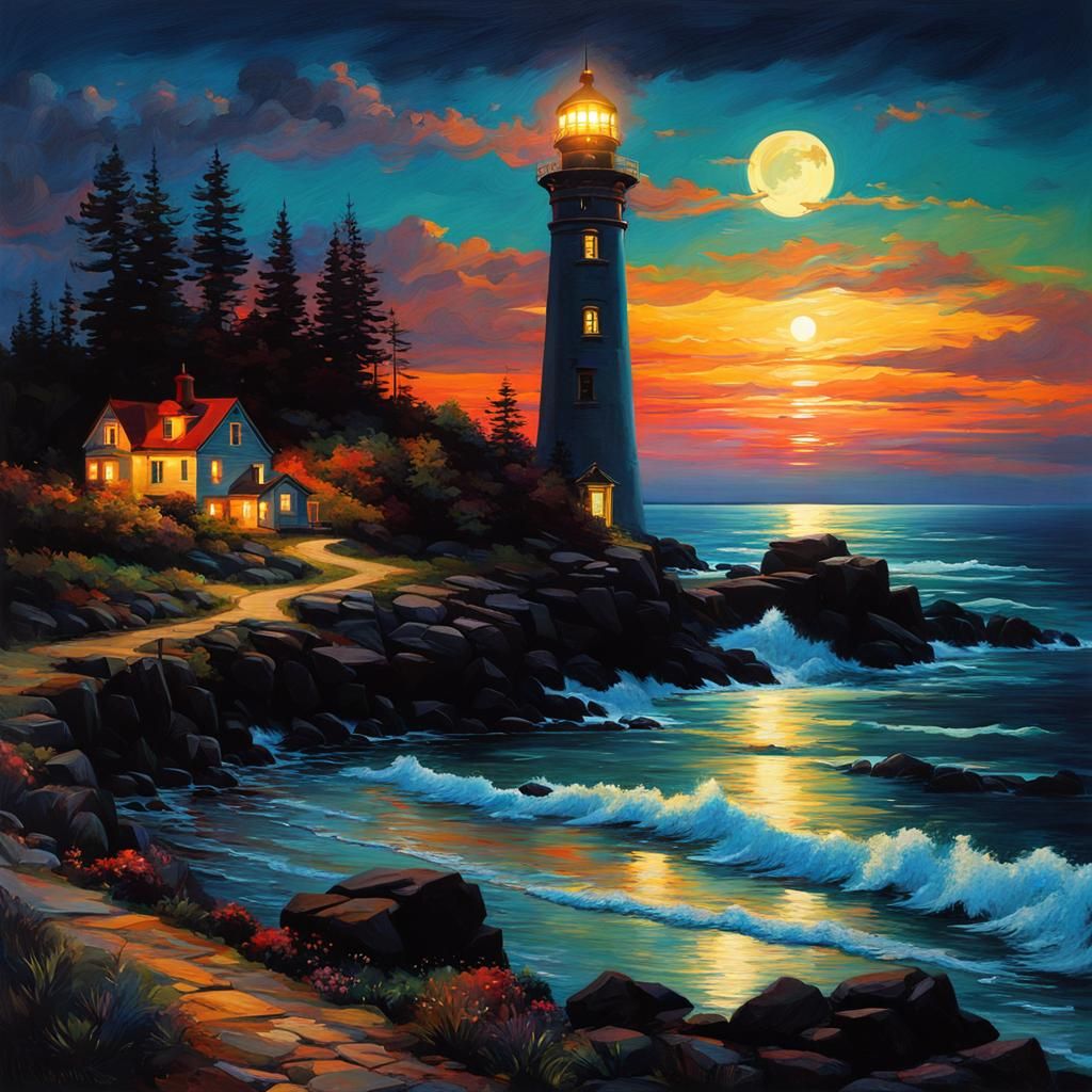 Lighthouse at Night in Pre-Raphaelite Style