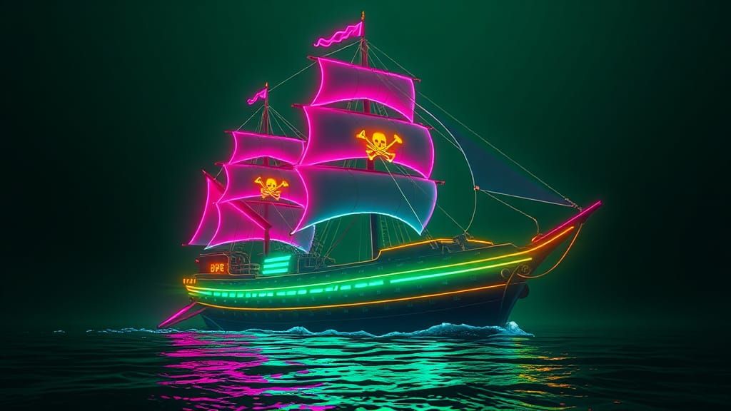 Neon Pirate Ship in Cyberpunk Style