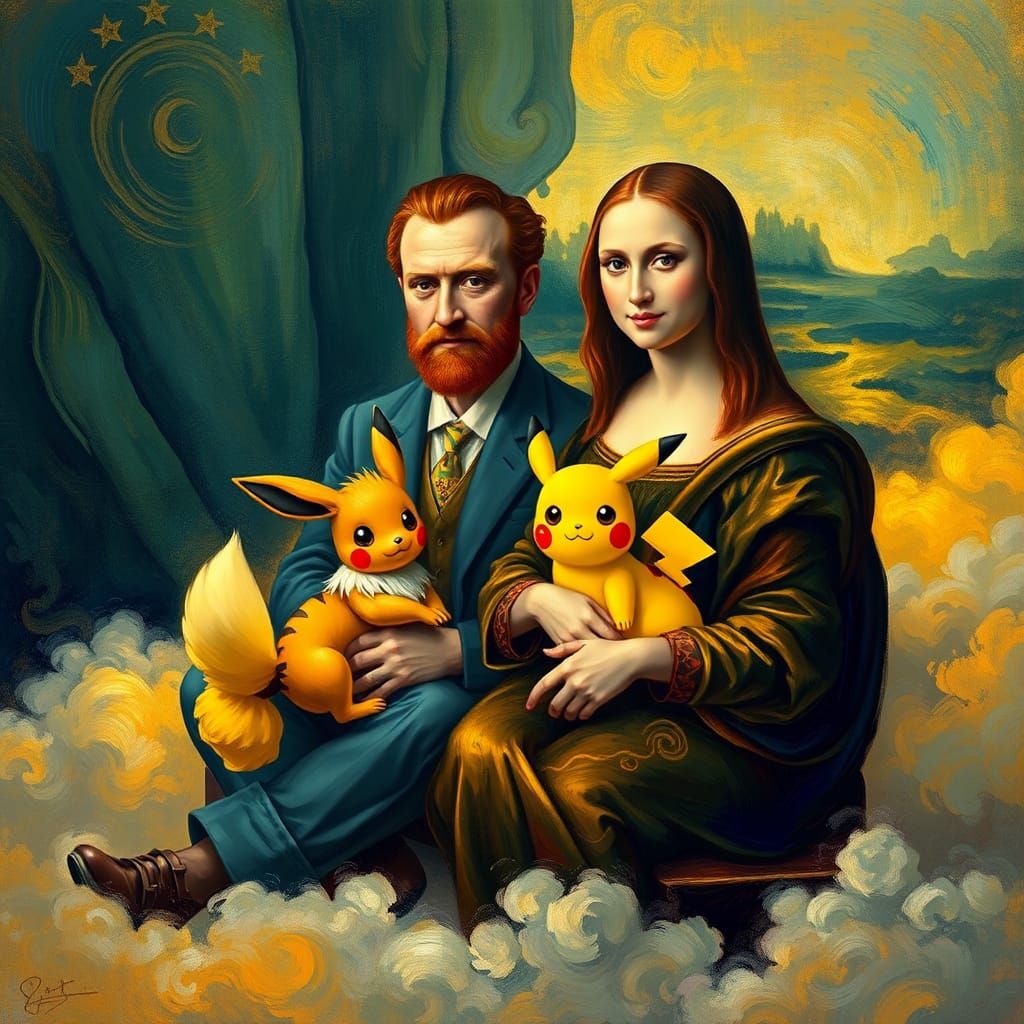 Vincent Van Gogh and The Monalisa holding Eevee and Pikachu in an art-styled art portrait.