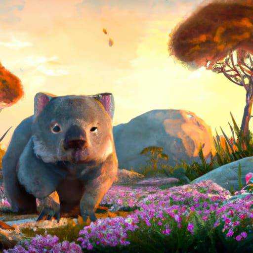 Wombat in Fantasy Australian Landscape, Digital Art