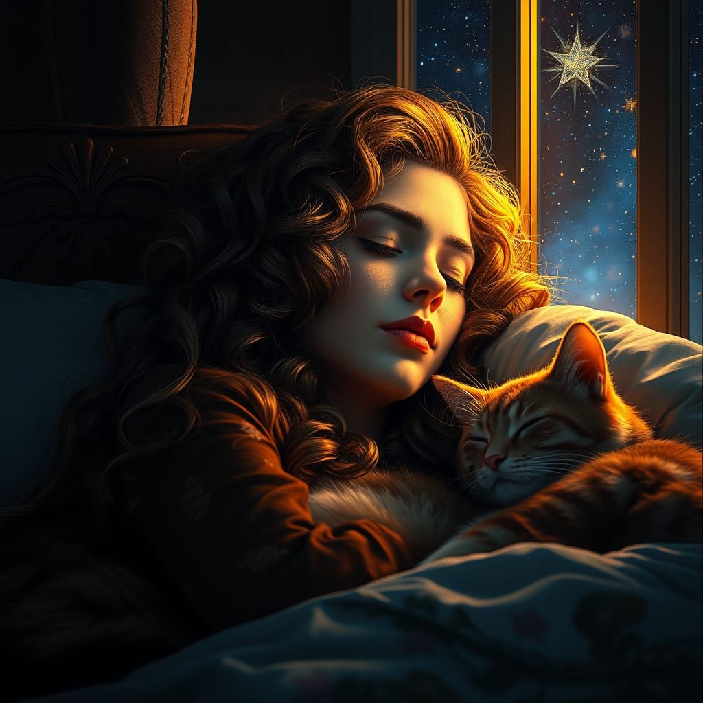 Serene Woman with Cats: Klimt-Inspired Digital Portrait