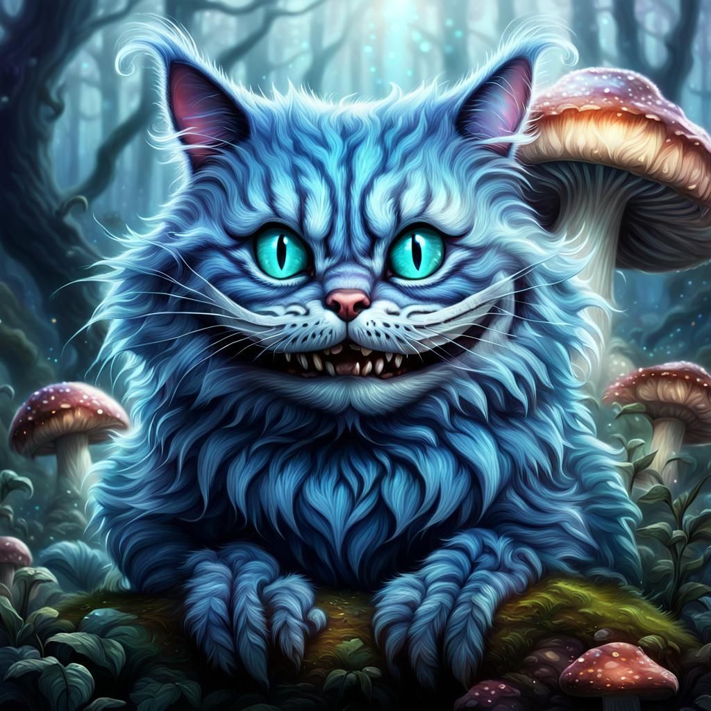 Fluffy Blue Cheshire Cat Portrait in Digital Painting
