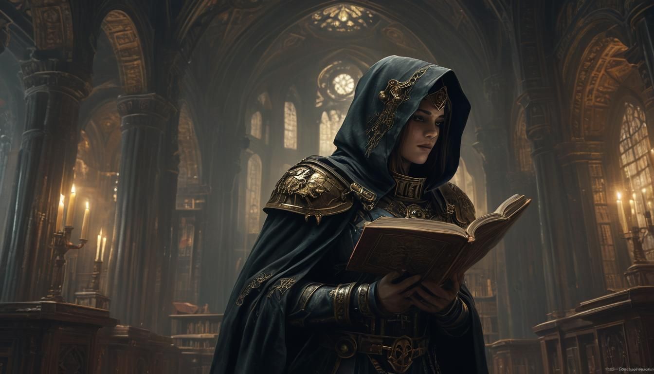 Female Space Marine Commander Reads Ancient Lore