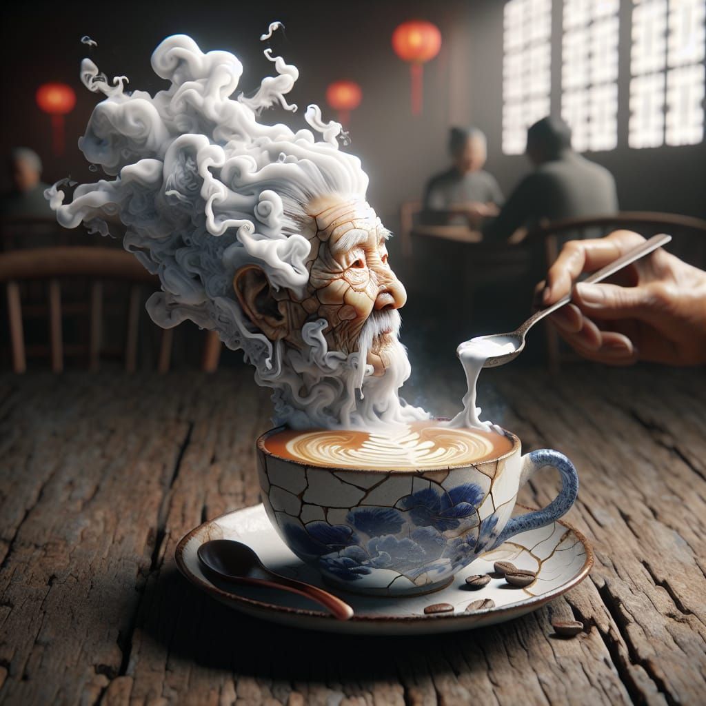Kintsugi Coffee Cup with Surreal Steam Grandmother