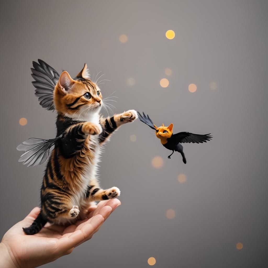 Miniature Winged Cat Reaching for a Hand: Realistic Photo