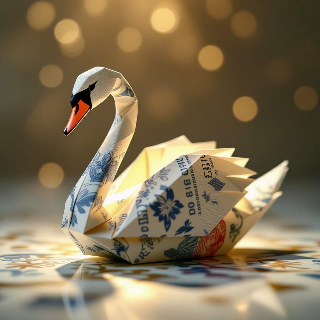 Origami Swan Made From Banknote, Hyperrealistic Digital Art