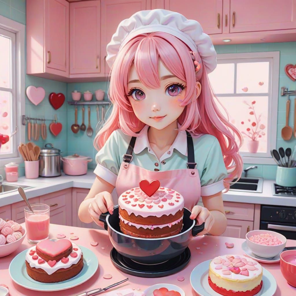 Whimsical Valentine's Day Cake Baking Scene in Kawaii Anime ...