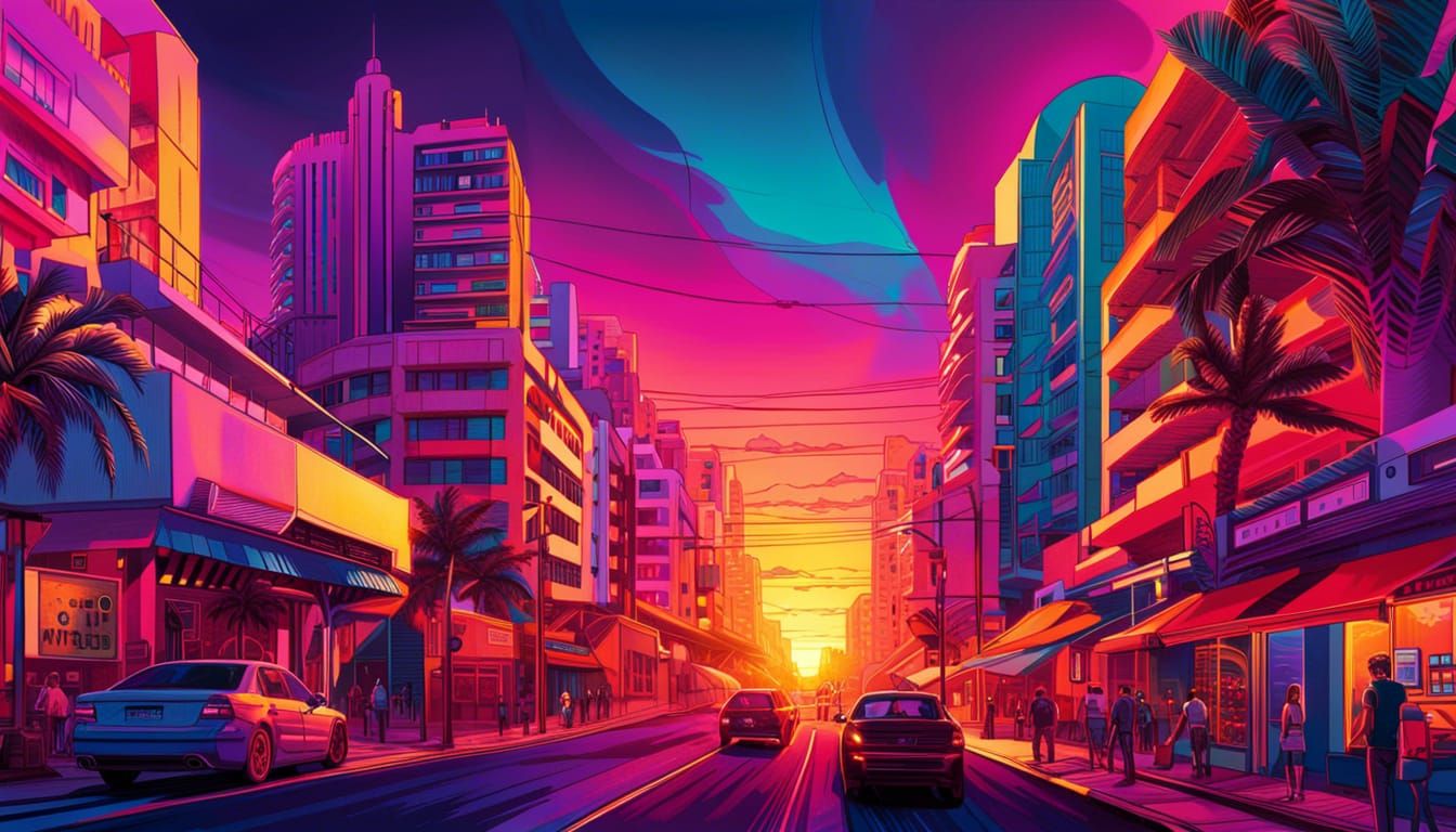 Tel Aviv Sunset: A Digital Synthwave Illustration