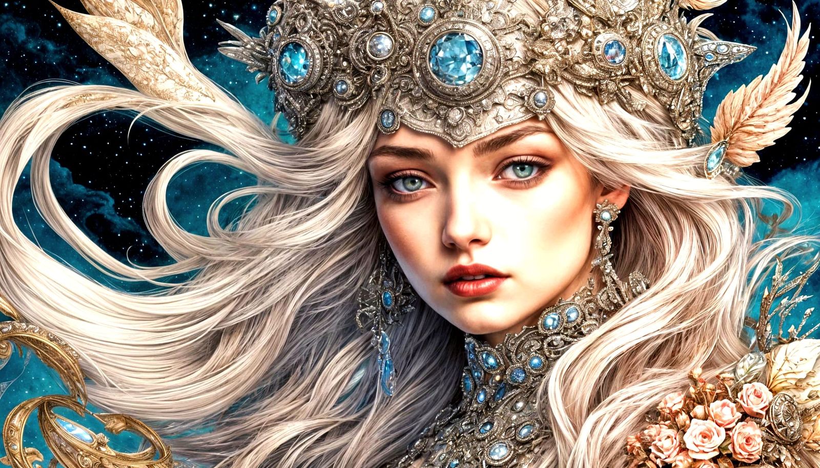 Maximalist Retro-Futuristic Scene in Rich Ink and Watercolor