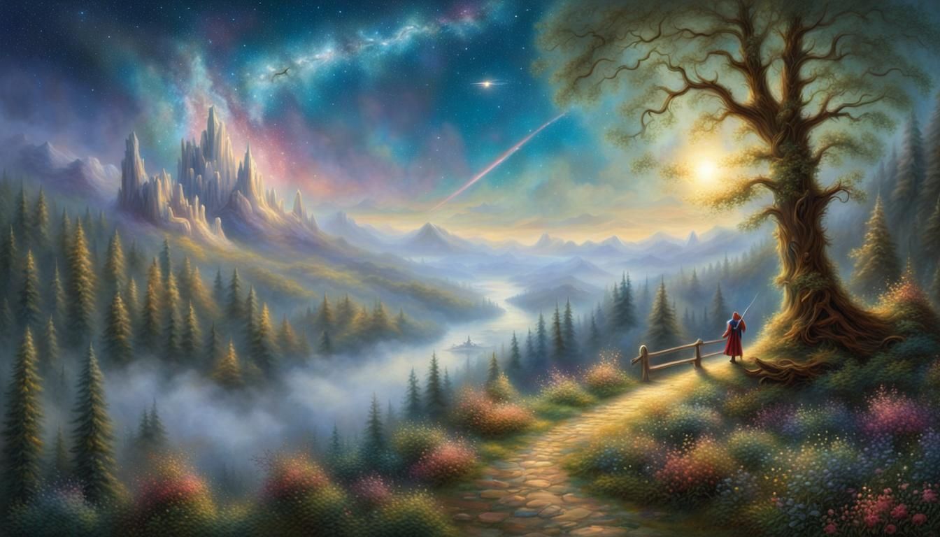 Medieval Bard's Starry Forest Path: Ethereal Fantasy