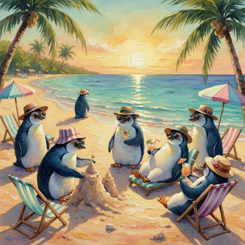 Dapper Penguins on Tropical Beach Vacation in Watercolor Sty...