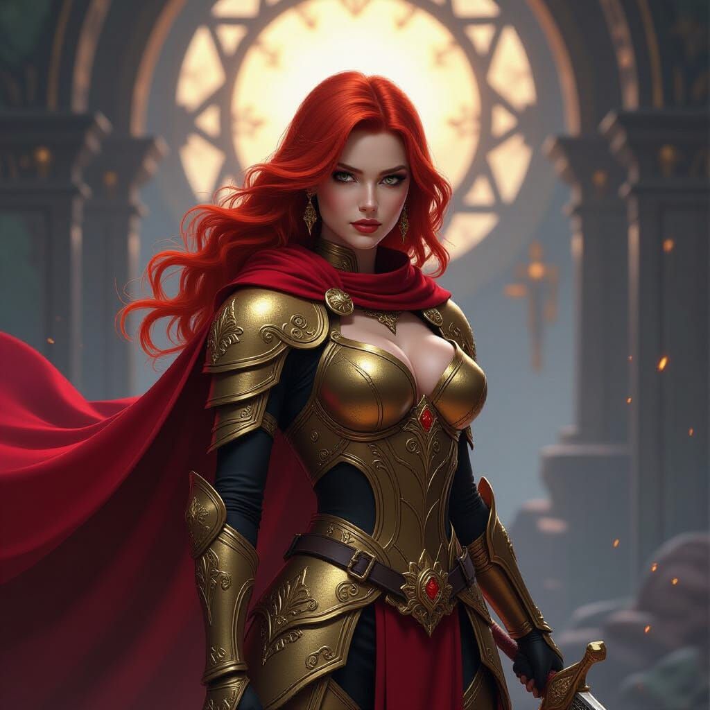 Fantasy Warrior in Golden Armor with Red Hair