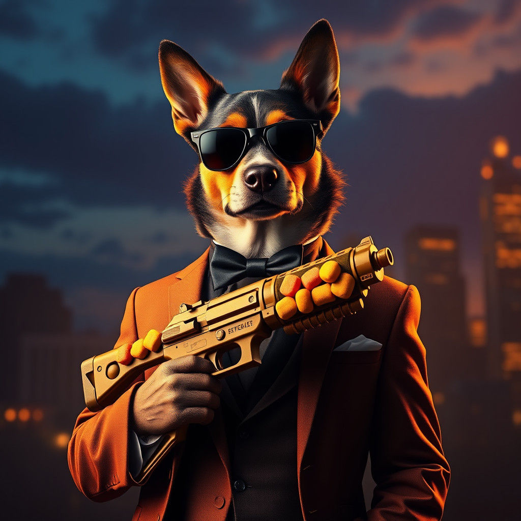 Gangster Dog with Toy Gun in Cityscape Style