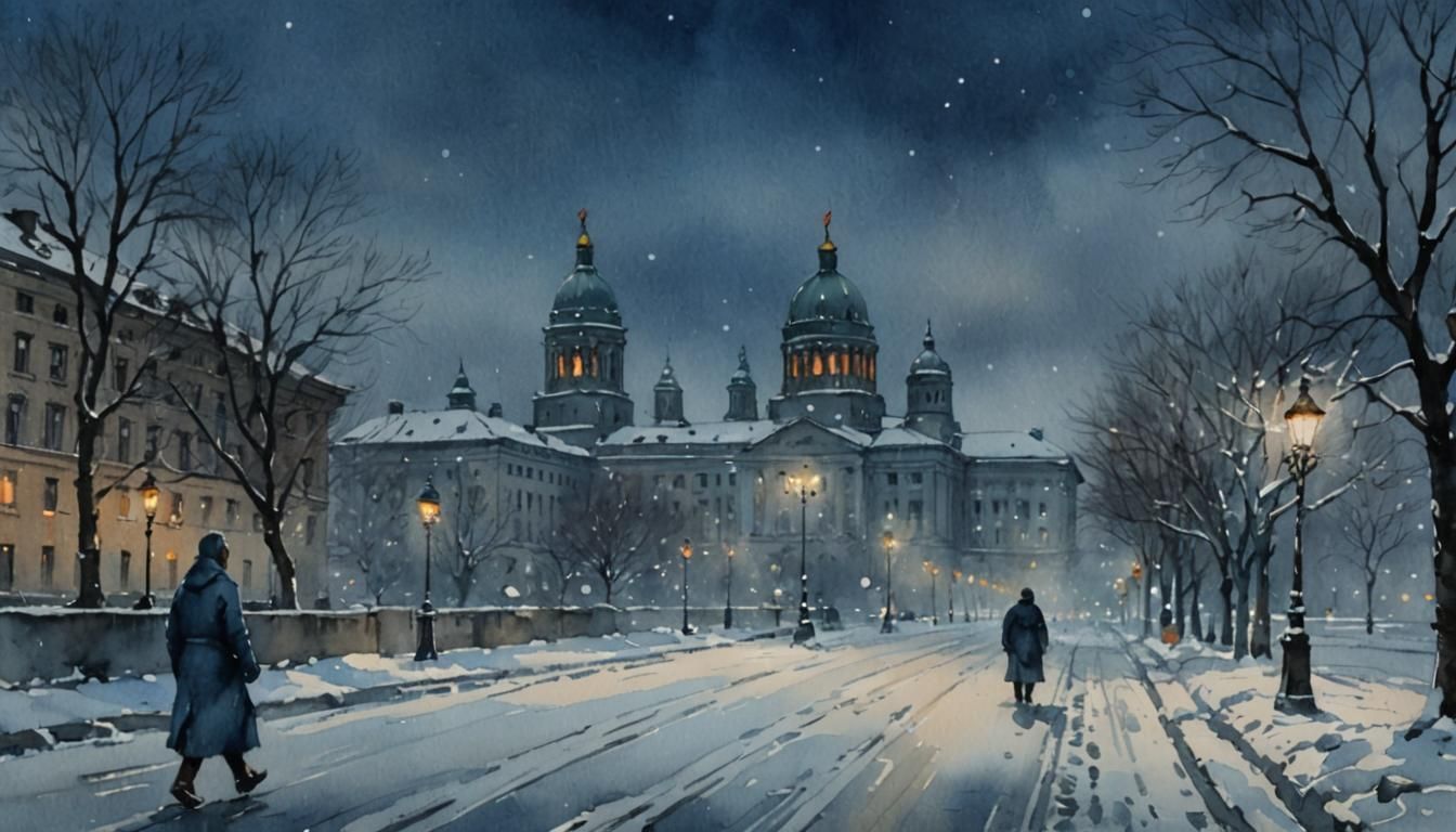 Winter Night in Soviet City: A Watercolor Painting