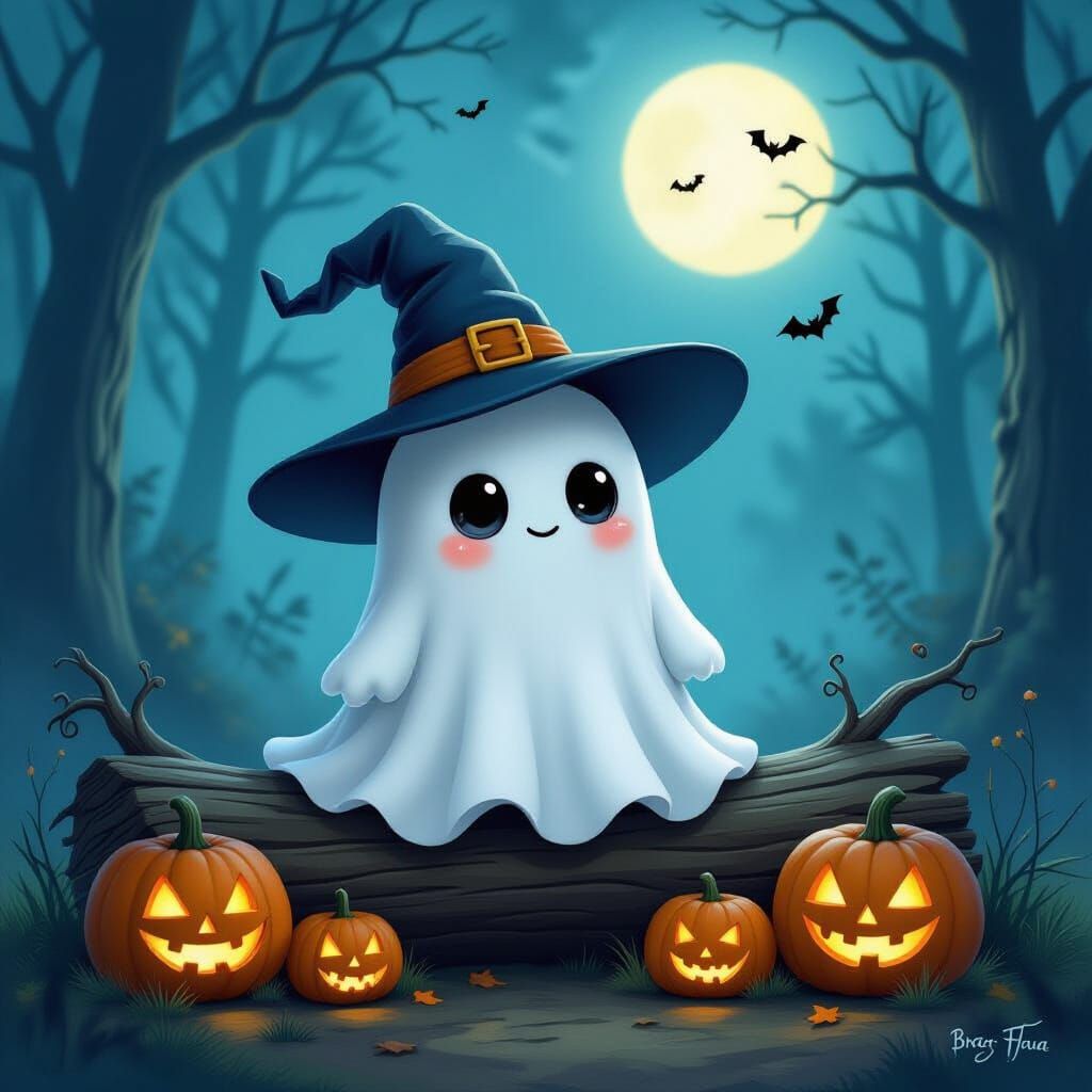 Happy Ghost on Halloween Night in Enchanted Forest