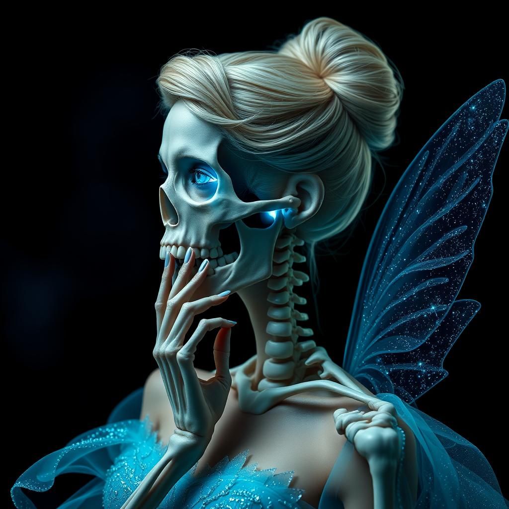 Surreal Skeleton Fairy with Glowing Teal Accents