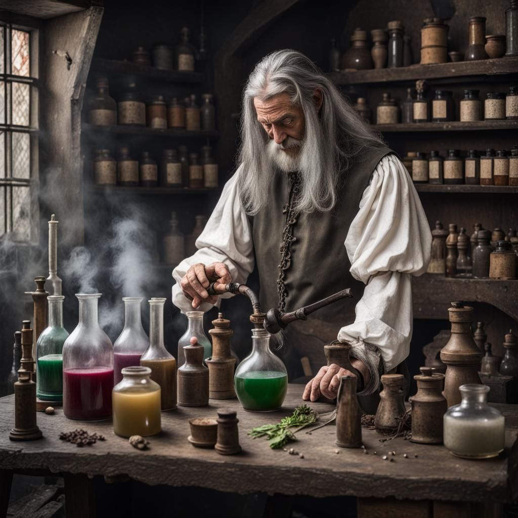 Medieval Apothecary Making Potion at His Table