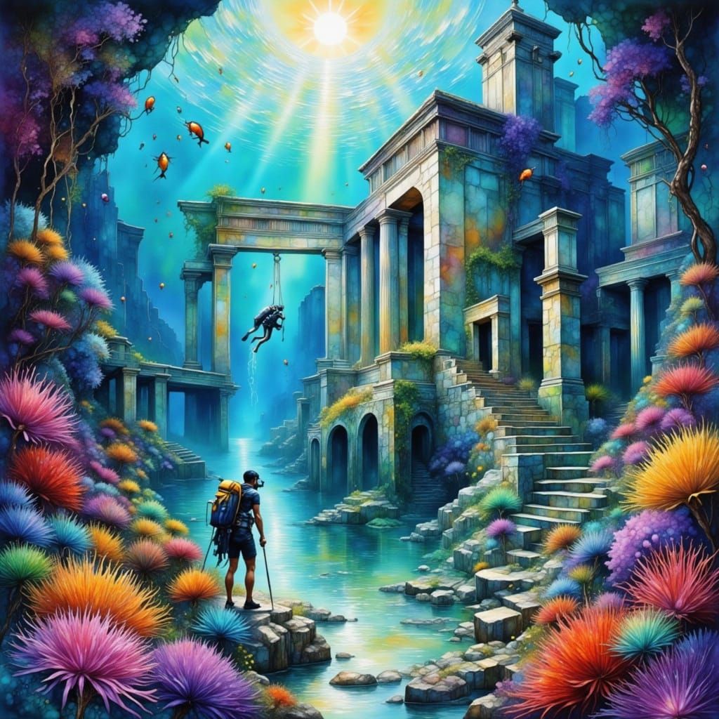 Sunken Greek City Ruins in Watercolor Style