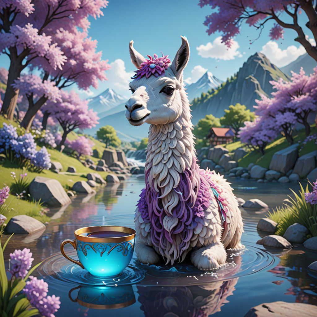 Vibrant Llama Sips Tea in Serene Lilac Hued Landscape