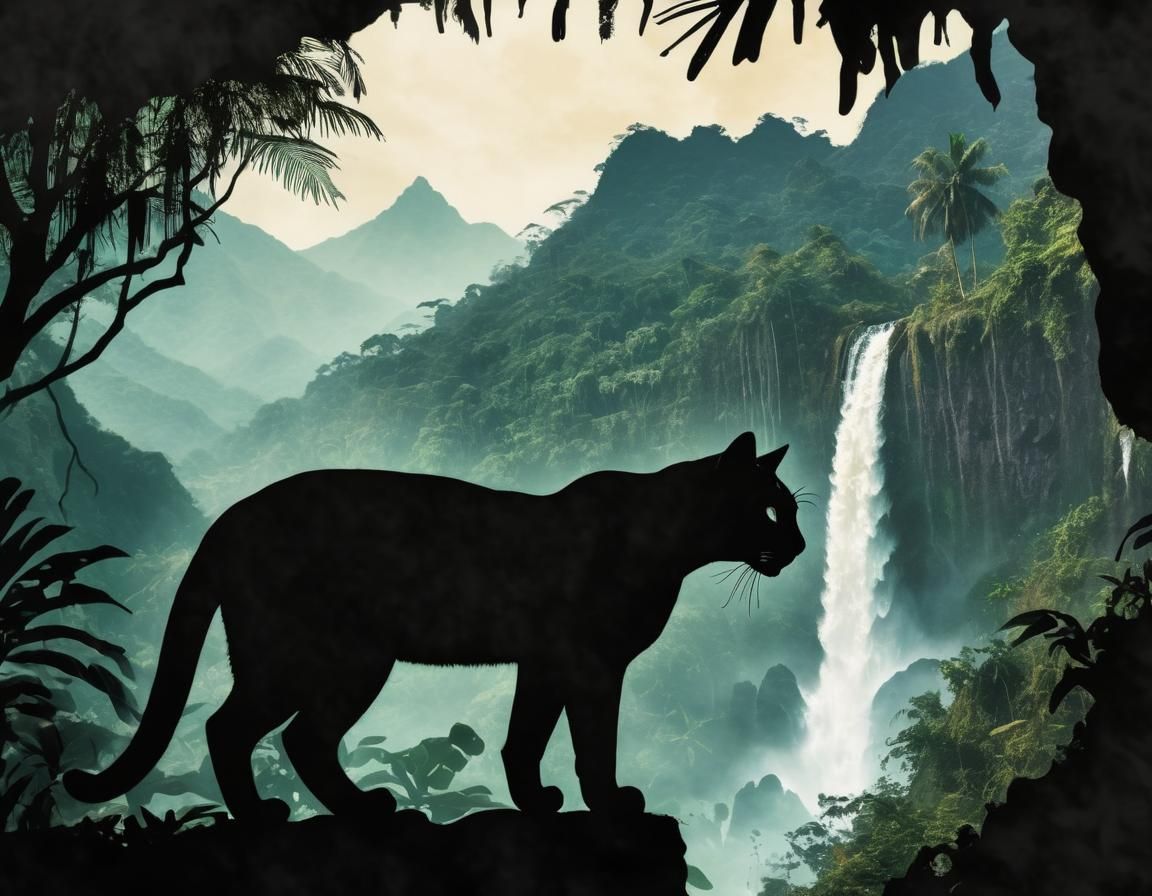 Double Exposure Jungle Cat Silhouette Art