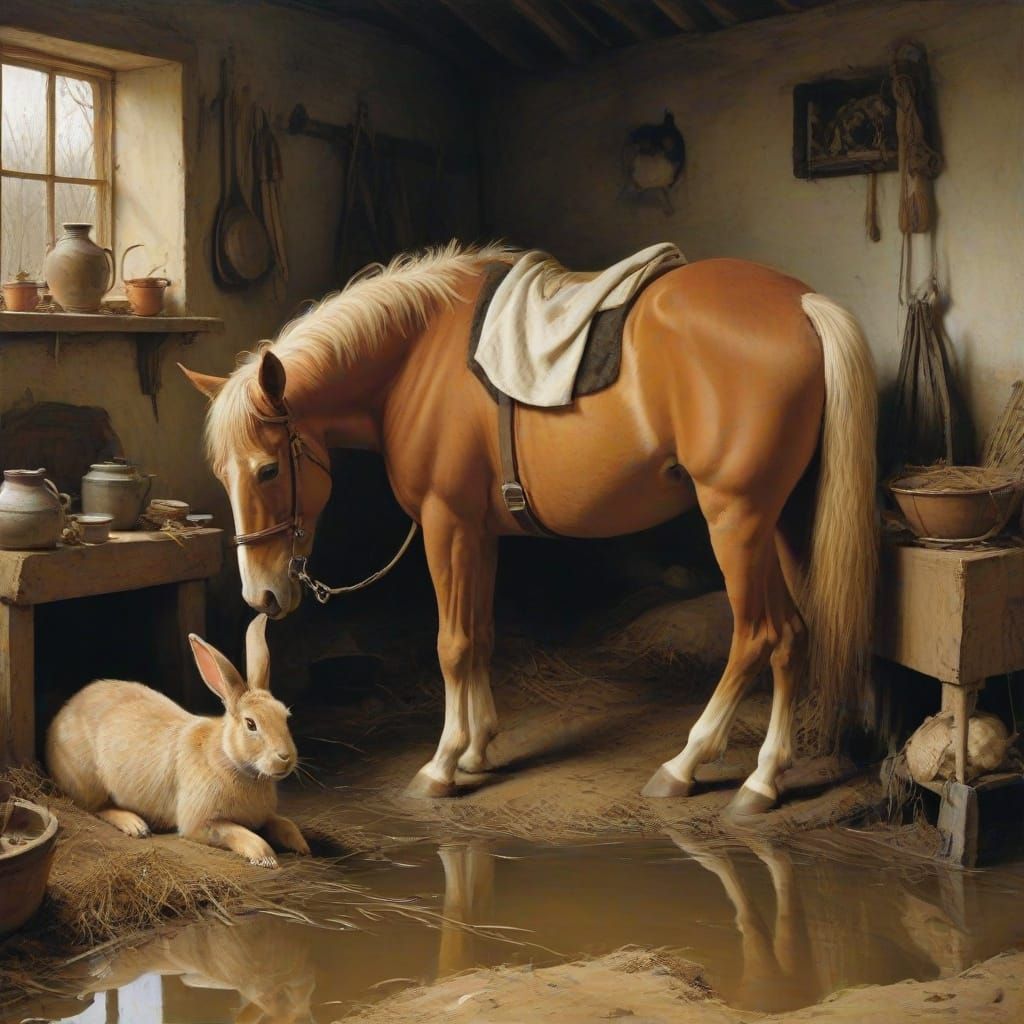 Rabbit Nurturing Horse in Surreal Dreamscape
