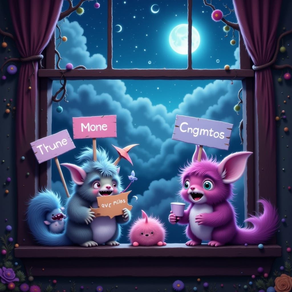 Pastel Furry Monsters Celebrate Under Starry Sky