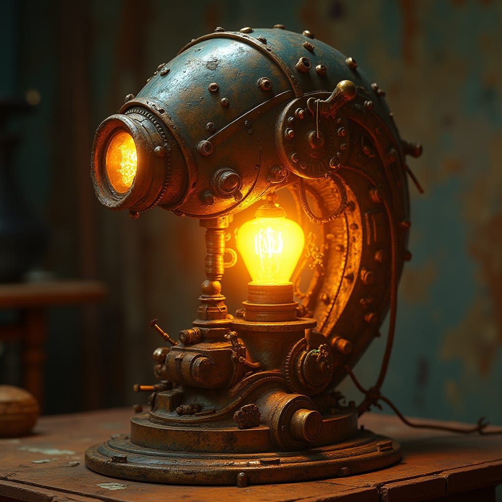 Steam-Powered Lamp in Intricate Brass and Copper
