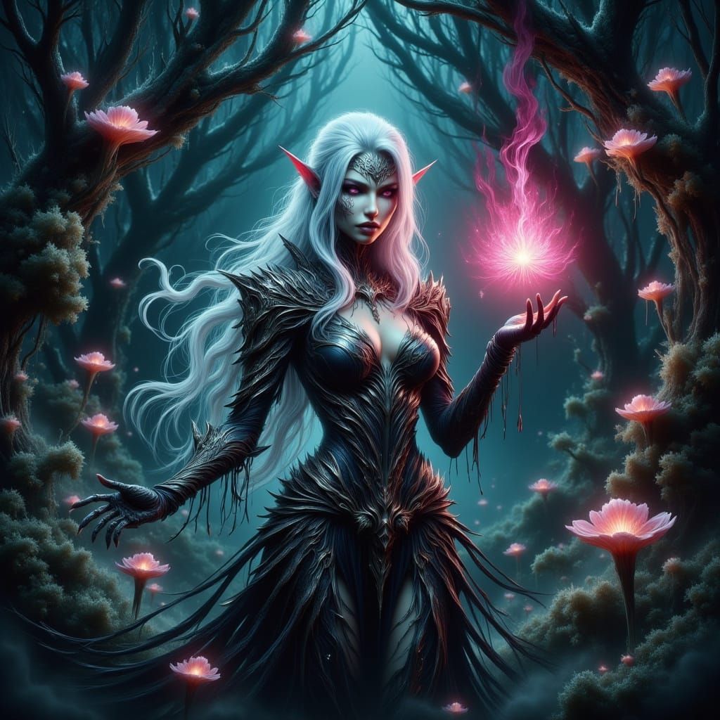 Albino Drow Sorceress in Bioluminescent Grove