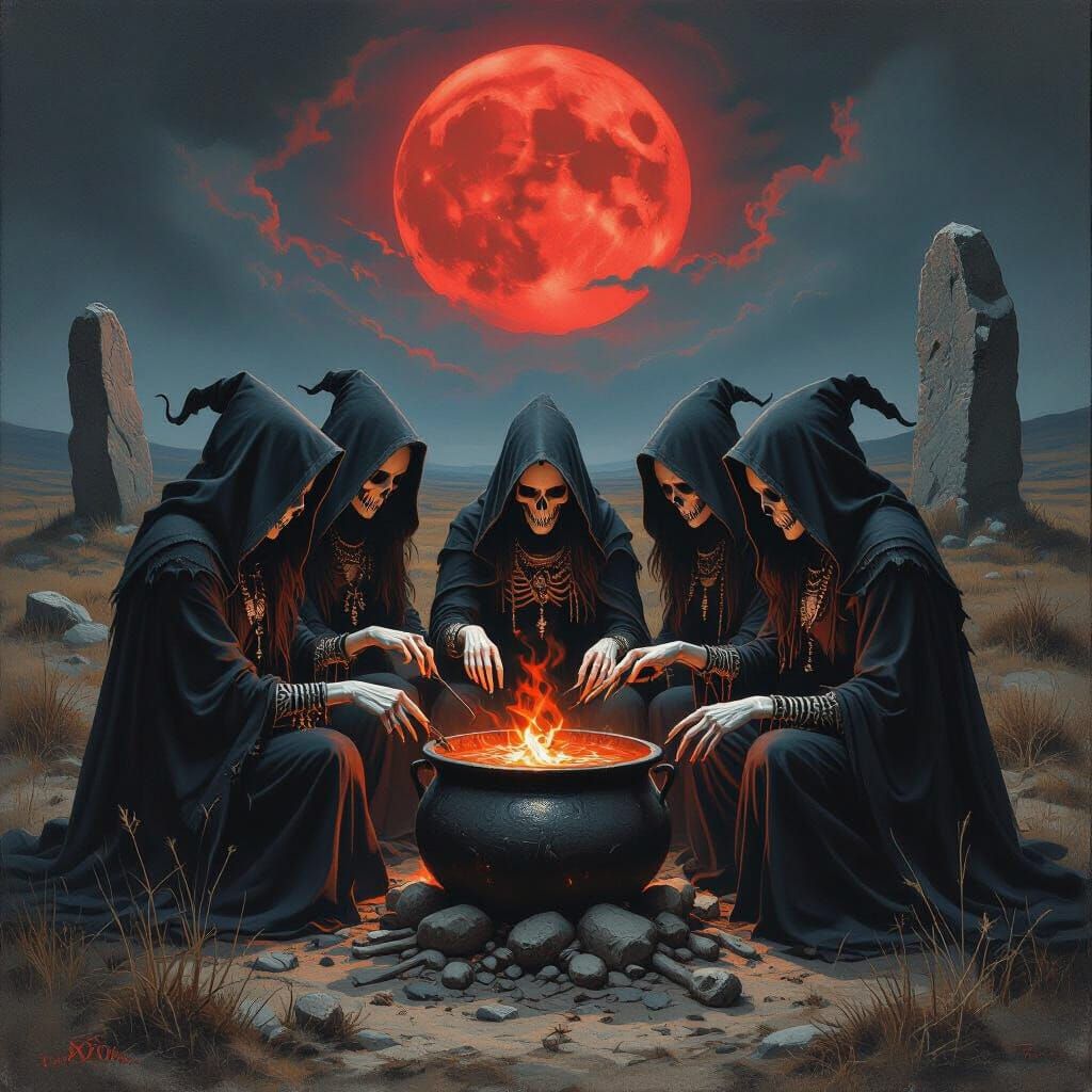 Witches Ritual Under Blood Moon in Goya Bosch Style