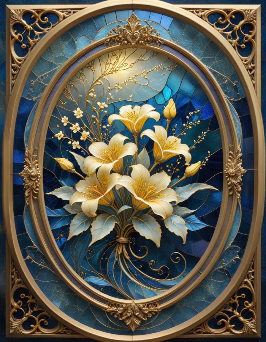 Oval Stained Glass with Yellow Flowers in Gold Frame