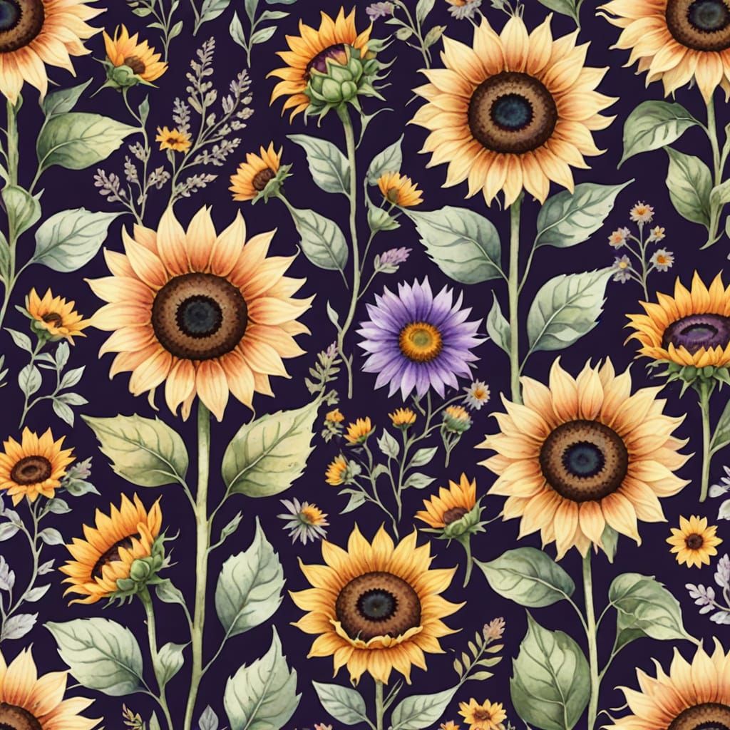 Cottagecore Sunflower Pattern in Watercolor Style
