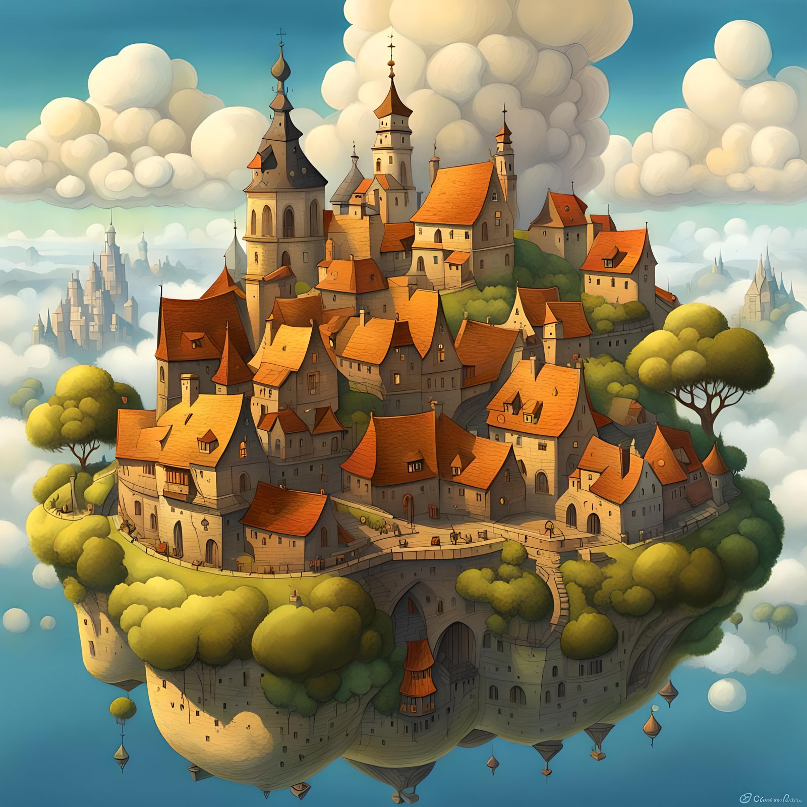 Floating Medieval Village in Gouache Style