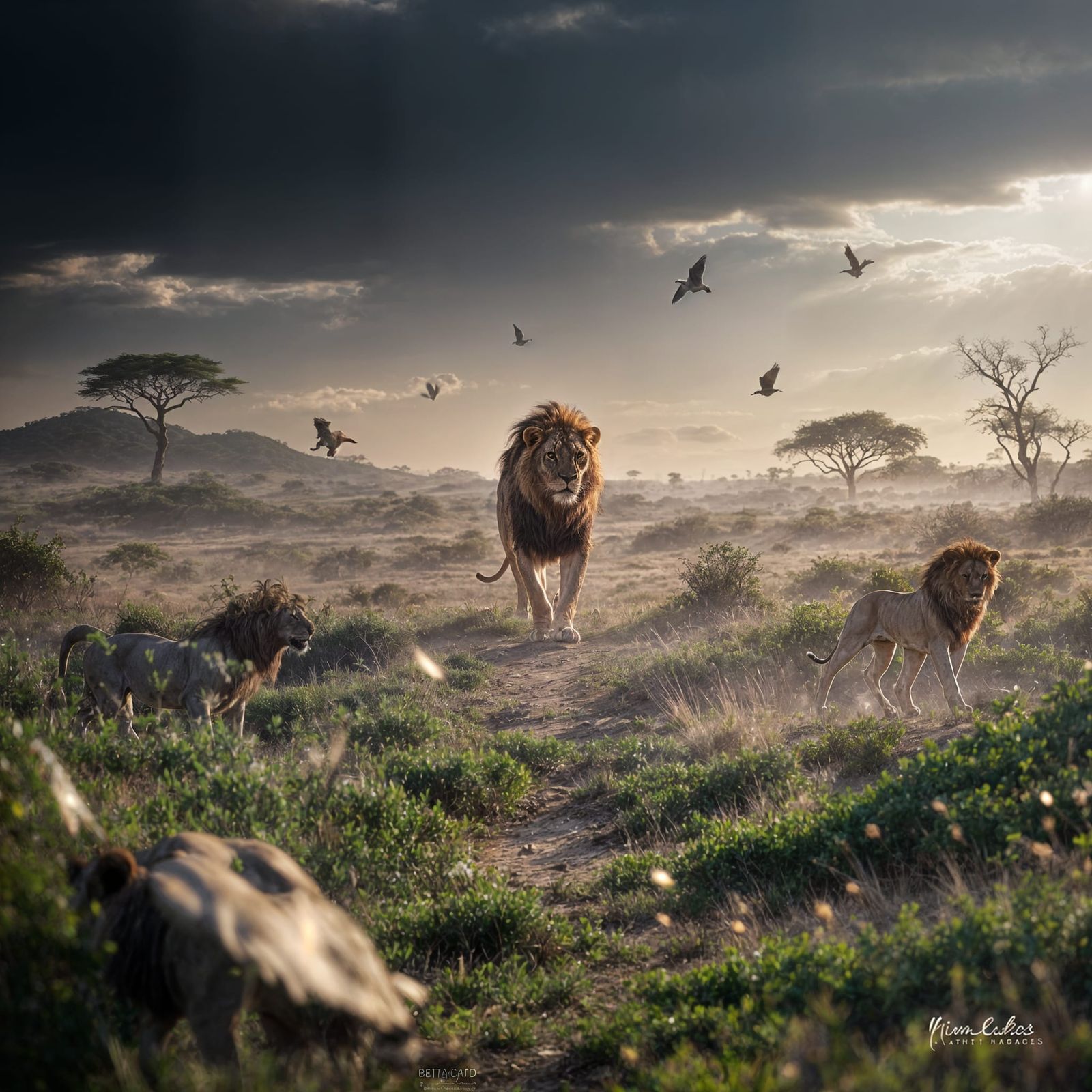 Majestic Lion Striding Through Savanna at Sunrise