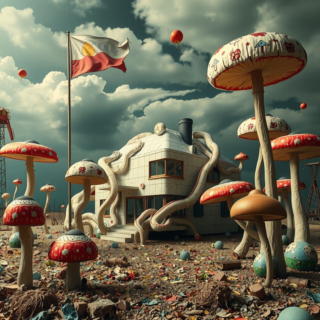 Surrealist Dreamscape with Chewing Gum Cabin and Fungal Form...