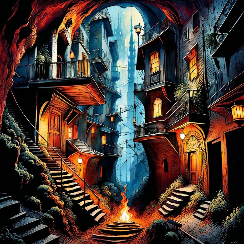 Mystical Underground City in Watercolor Ink Style