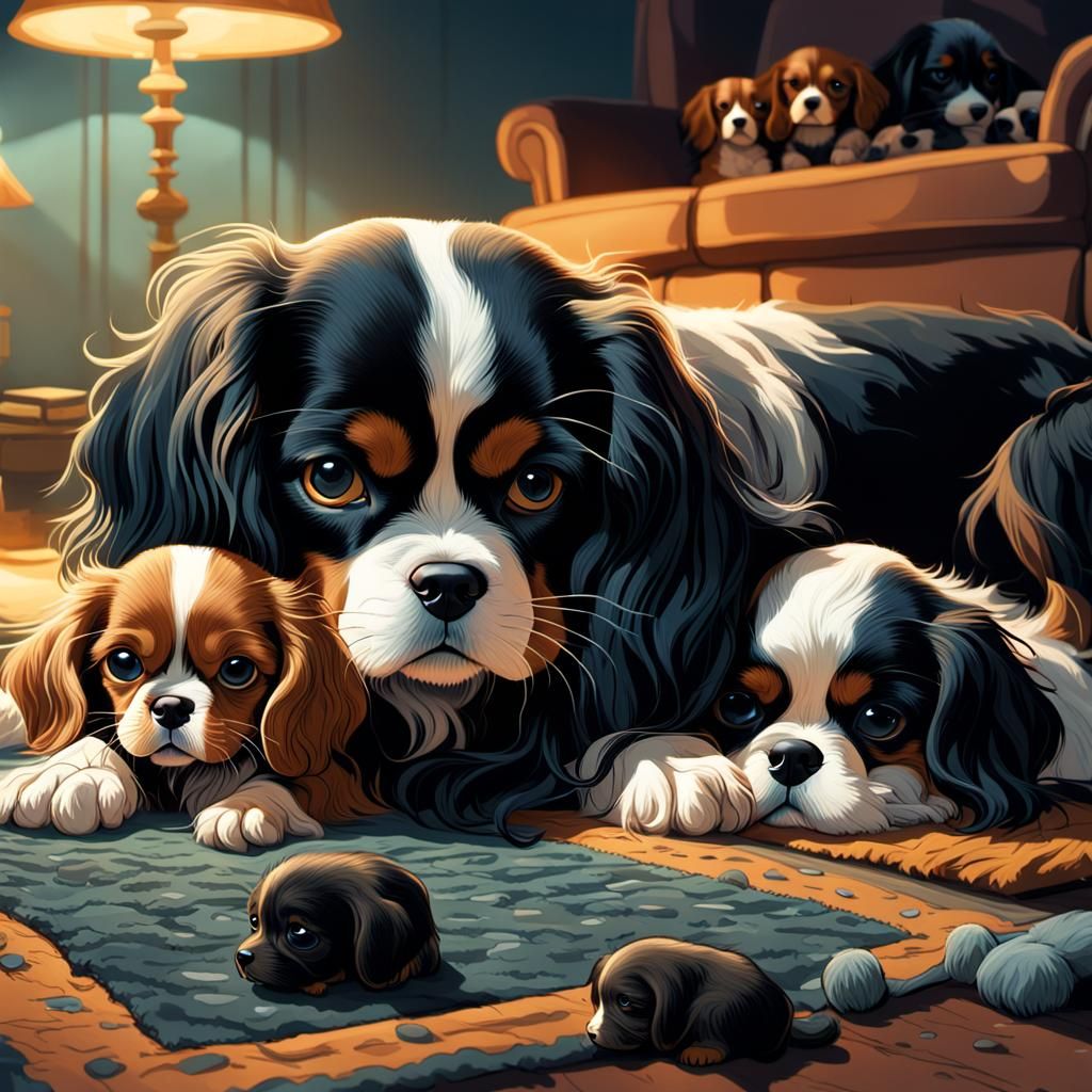 Cavalier King Charles Spaniel Mother and Puppies