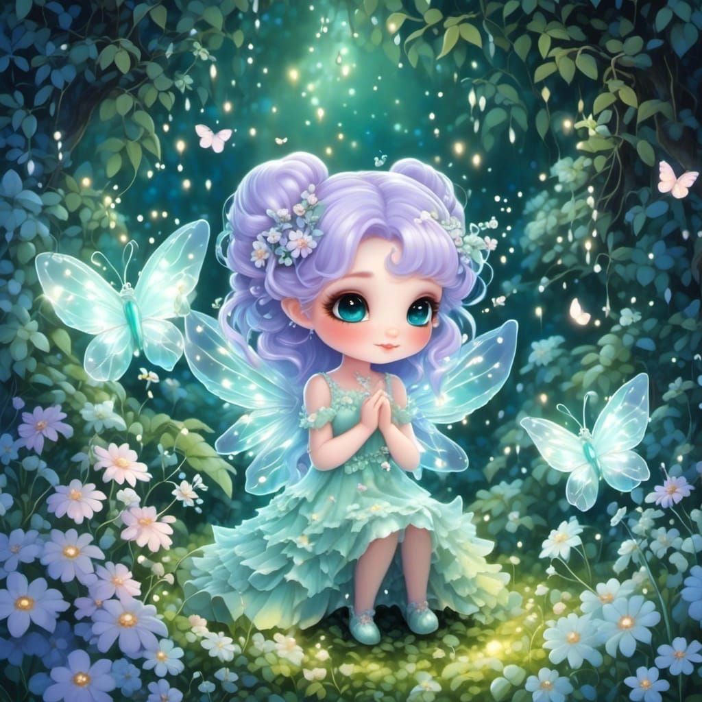 Chibi Fairy in Enchanted Forest with Glowing Butterflies